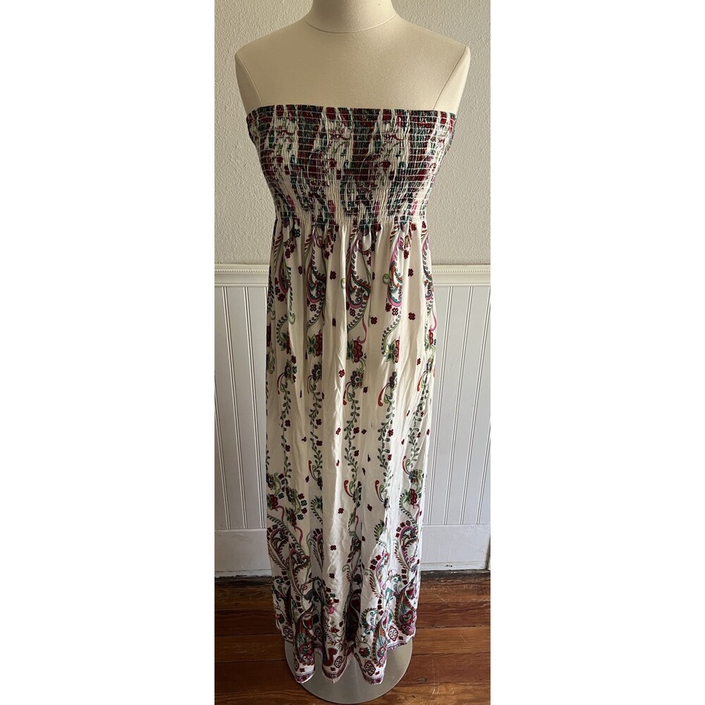 Strapless Maxi Dress Smocked Top Boho Vacay Beach Floral Paisley Multicolor Lg